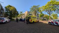 Er staan een ambulance en drie politieauto's geparkeerd in een woonstraat. Vlakbij staan verschillende politieagenten en een paar burgers. De scène speelt zich af op een zonnige dag met een heldere hemel en groene bomen langs de straat.